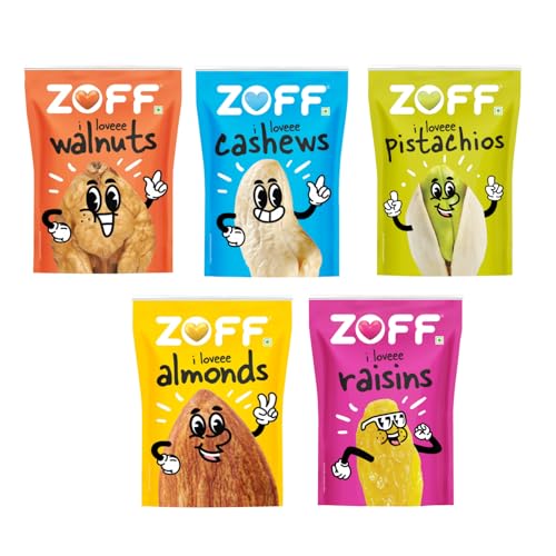 Image of Zoff Dry Fruits Combo Pack - Almonds, Cashews, Raisins, Roasted Pistachios & Walnut Halves | Mix Dry Fruit Combo | Nuts and Dry Fruit Combo | Premium Dry Fruits Mixed Pack - 250g Each (Total 1.25kg)