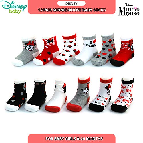 Disney Baby Girl Socks - 12 Pack Minnie Mouse, Daisy Duck, Princess Socks for Infants - Newborn Essentials for Girls (0-24M), Size 12-24 Months, Minnie Mouse Black/Red - Thumbnail 4