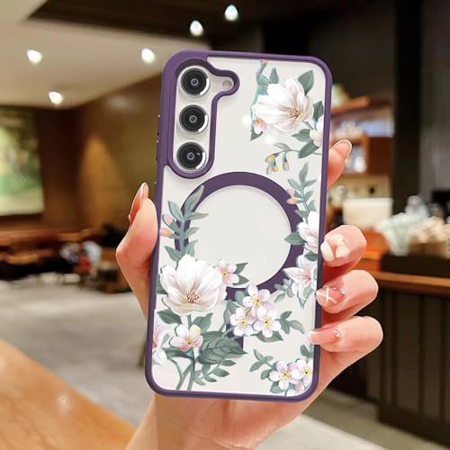 Image of VONZEE Compatible with Samsung Galaxy S25 FE 5G Case Luxury Retro Flowers Floral Clear for Magnetic Wireless Charging Case Shockproof PC+TPU Cute Glossy Shiny Cover for Girls Women, Deep Purple