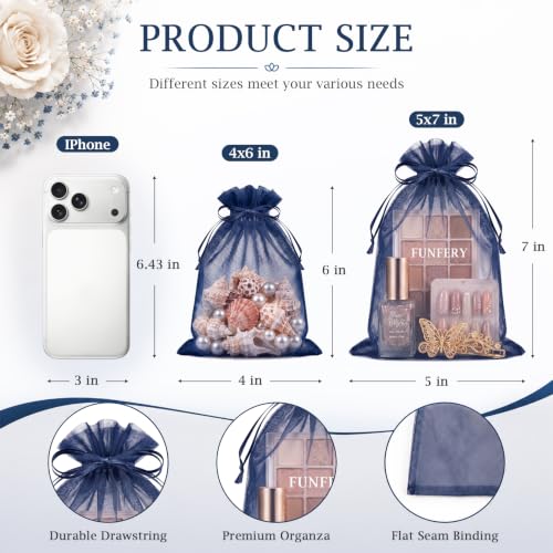 Image of FUNFERY 100PCS Navy Blue Organza Gift Bags 5x7in,Drawstring Jewelry Pouch