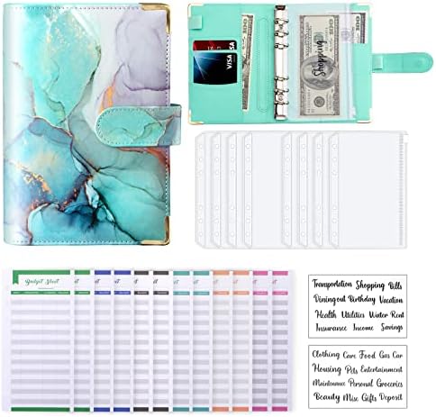 Budget Binder, A6 Marble PU Leather Binder, Money Organizer Cash Envelopes Budget Planner with 8 Zipper Cash Envelopes, 12 Expense Budget Sheets & 2 Letter Label Sticker for Budgeting, Saving Money