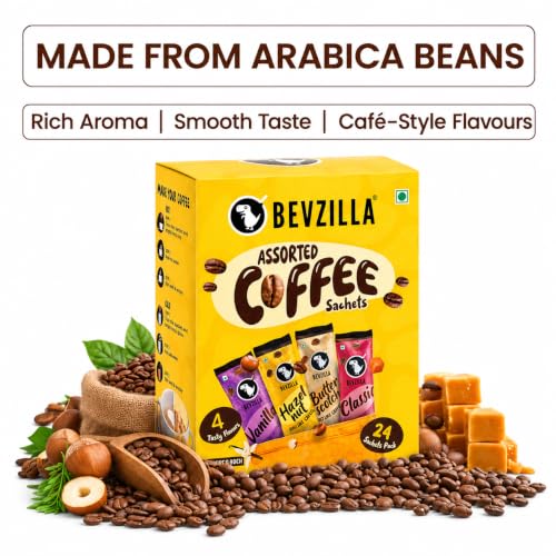 Image of Bevzilla 24 Assorted Coffee & Rechargeable Electric Frother Combo Pack | 3-Speed Setting with Type-C Fast Charging| 6 Pouches Each Flavour | Cafe Coffee Kit | Enjoy Hot & Cold
