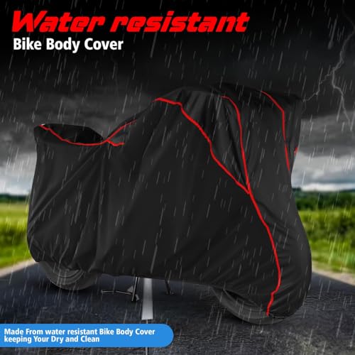 Image of AutoRox Water Resistant Bike Body Cover Compatible with Royal Enfield Hunter 350 BS6 | Bike Accessories | Motorcycle Cover | Two Wheeler Cover - Red Piping(Black)