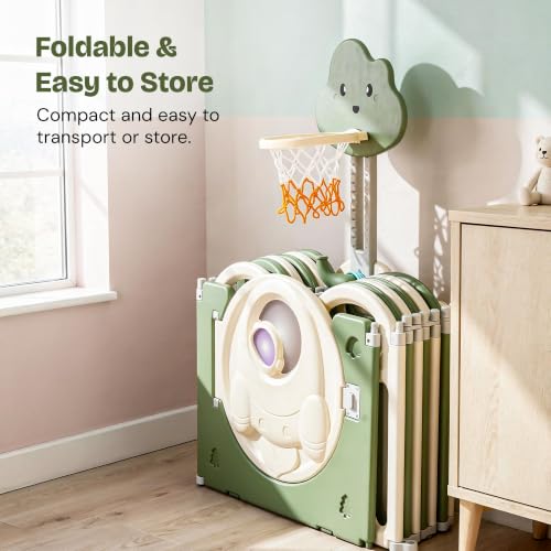 Image of Baybee Kids Playpen for Babies | Foldable Baby Play Area Indoor Setup with Basket Ball Hoop, Safety Door Lock & Double Knob | Outdoor Play Pen for Baby for 0 - 5 Years Boys Girls | Baby Activity Playards with Kids Customized Shapes (Green-14 Panels)