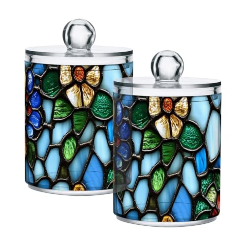 YMGQYJ Stained Glass Floral Qtip Cotton Ball Holders Dispenser Lidded 2 Pack, Plastic Jar Bathroom Canisters Storage Organizers