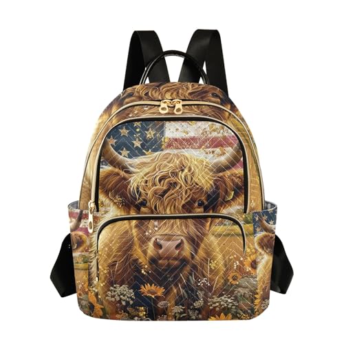 ODAWA Highland Cow USA Flag Retro Quilted Backpack Purse for Women Womens Backpack Purse Anti Theft Travel Backpack