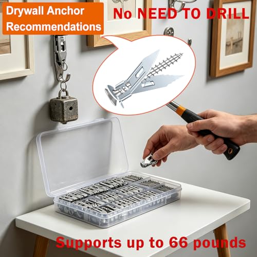 Image of 190 PCS Self Drilling Drywall Anchors with Screws Kit-2 Sizes Sheetrock Anchors & 4 Sizes Zinc Expansion Screws,Upgraded Zinc Plated Steel,No Drill Needed, Holds Up to 66LB on Walls(Sliver)