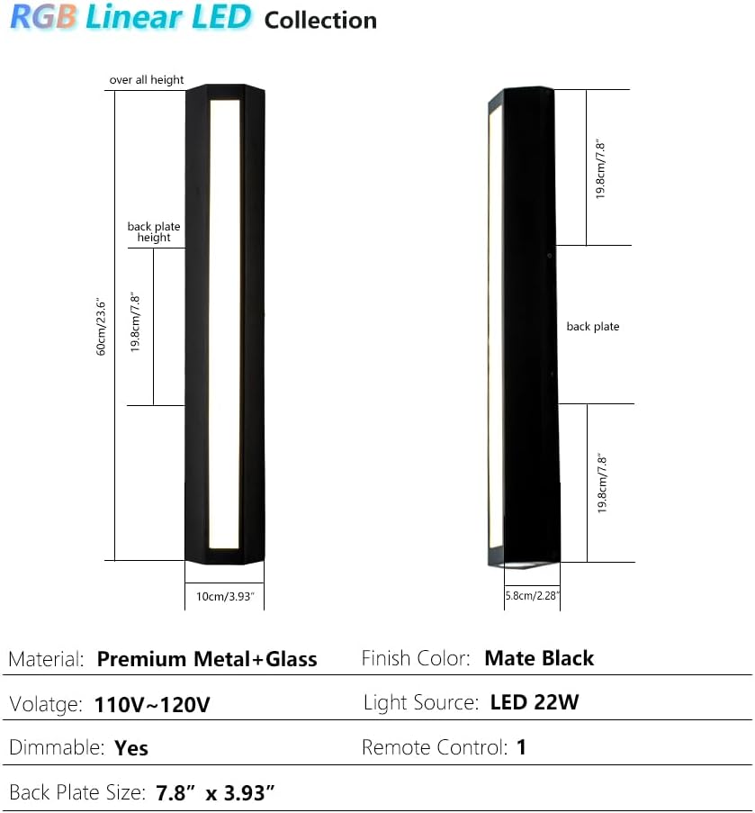 RGB Outdoor Wall Lights, 23.6” LED Long Exterior Porch Sconce Lights Wall Mount, Up and Down Patio Lighting Fixtures with Remote Control, for House, Garage, 1 Pack