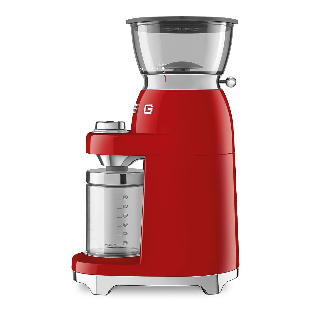 Smeg, Molinillo de café CGF03RDEU, 15 niveles de molienda, recipiente de granos de café de 240 g, molienda ajustable, con sistema antiestático, 150 W, color rojo