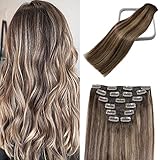Clip in Hair Extensions Human Hair Balayage Chocolate Brown To Dark Blonde Highlights for Brown Hair...