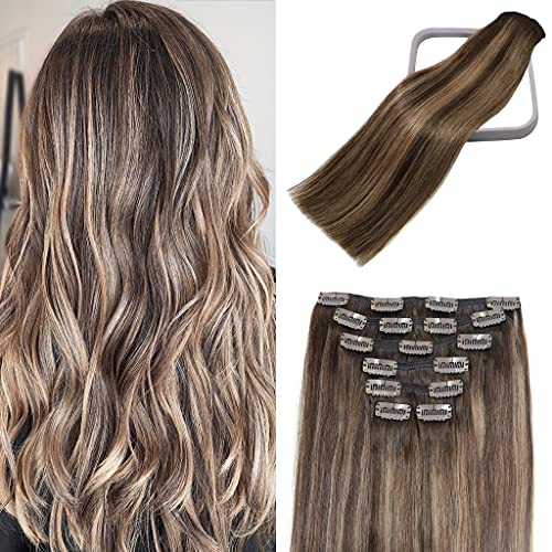 Clip in Hair Extensions Remy Hair Chocolate Brown To Dark Blonde Balayage For Women 20Inch 70g Human Clip Ins #4T27P4 7PCS