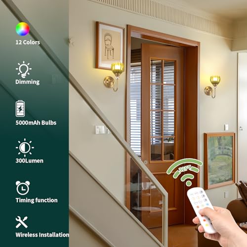 Image of Set of 2 Vintage Battery Operated Wall Sconce, Rechargeable Wall Lamp with 5000mAh Battery & Remote Control, Dimmable Wall Lights with tulip shade for Bedroom Bathroom Living Room, (Tulip Green Up)