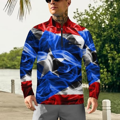 Puerto Rico Smoke Flag Men's Rash Guard Long Sleeves Quick Dry Fishing Workout Shirts with Zipper2