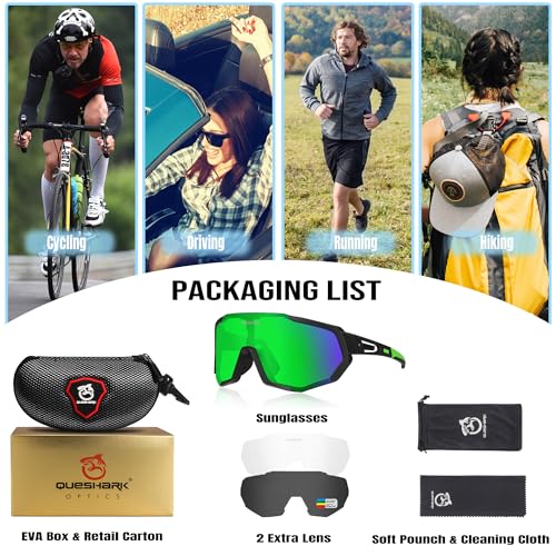 Image of Queshark Cycling Glasses, Sports Sunglasses for Men Women, 1 Polarized 2 HD Lens, Polarized Sunglasses for Cycling Running