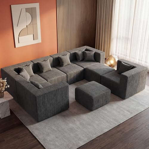 Image of MONVANE Modular Sectional Sofa, Oversized 8 Seat Convertible U Shaped Couch with Ottoman, Comfy Chenille Cloud Couch with Deep Seat, Sectional Couches for Living Room, No Assembly Required, Grey