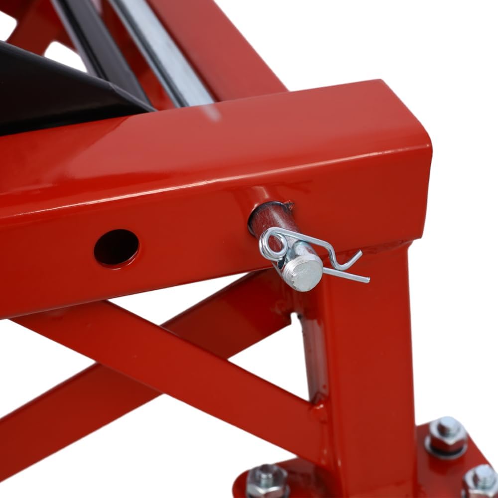 300 Lbs Hydraulic Motorcycle Scissor Jack Non-Slip Design Foot Step Wheels Lift, Small Dirt Bikes Scissor Lift with 4 Sturdy Rubber Wheels, Two of Which are Lockable (Red)