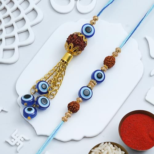 Image of eCraftIndia Evil Eye Rudraksha Designer Bhaiya Bhabhi Rakhis with Best Bro Ever Fridge Magnet | Set of 2 Rakhi for Brother and Bhabhi | Lumba Rakhi | Roli Chawal Pack