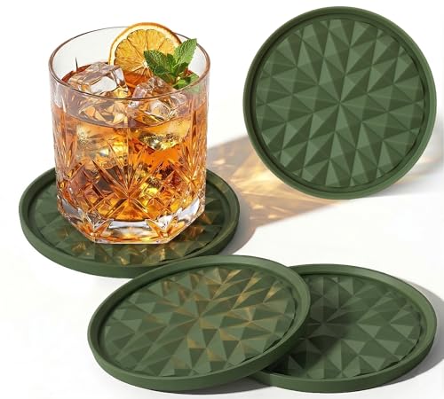Wingcases Silicone Coasters for Drinks[4 pcs,No Holder]- Cup Mat for Tabletop Protection-Non-Slip, Non-Stick, Coffee Table Decor, Great Gift for Any Occasion, Olive Green