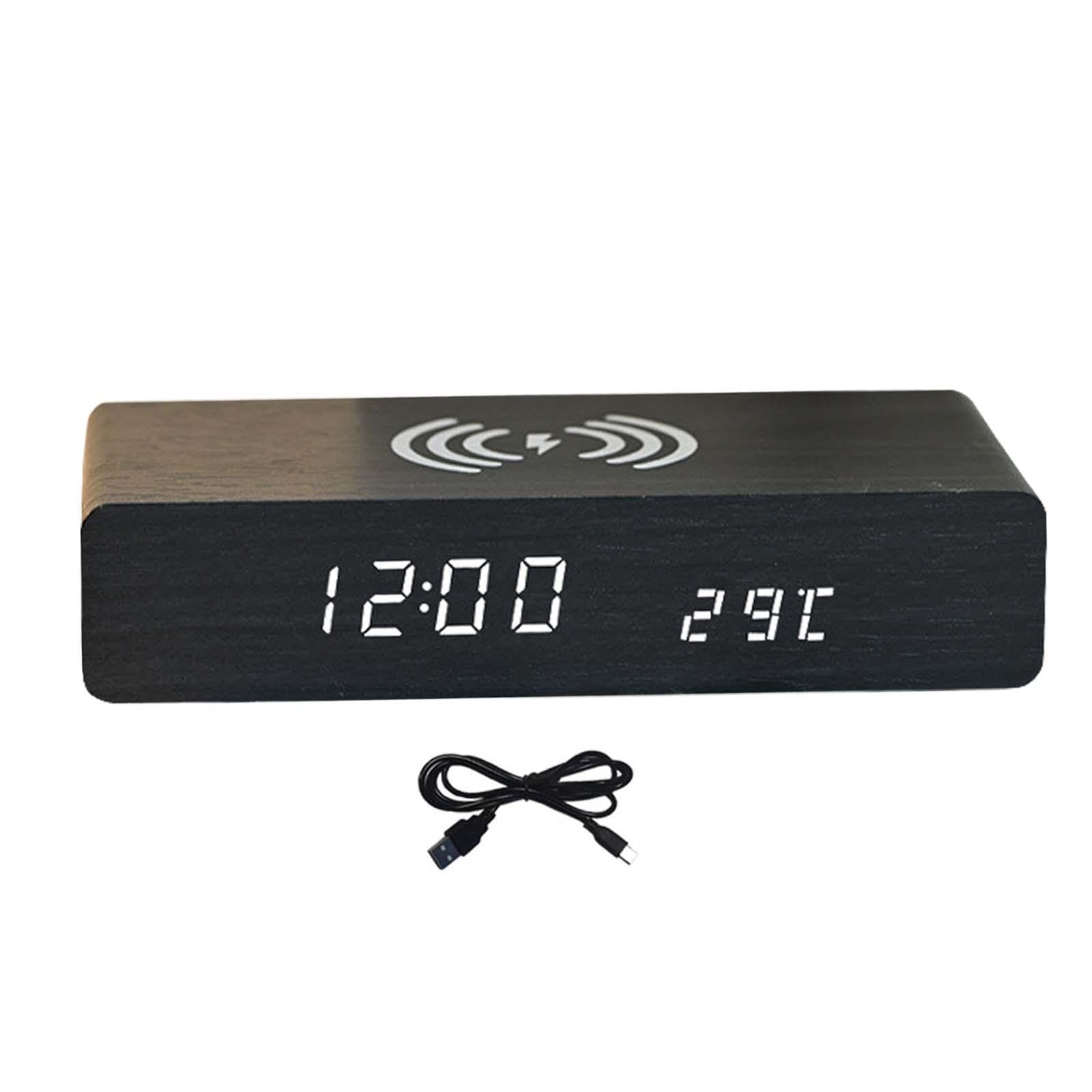 Reloj despertador digital LED recargable negro con carga inalámbrica 10W