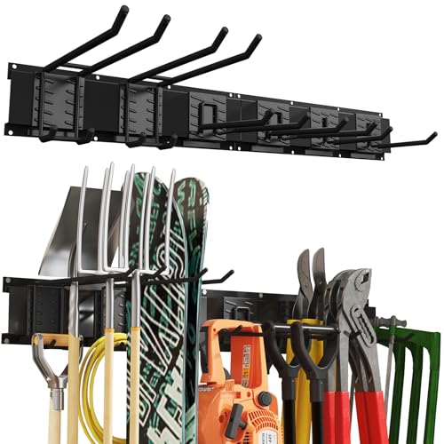 Howzone 32 Inches Garage Organization,Wall Mount Garden Tool Organizer, 440lbs Adjustable Heavy Duty Metal Hanging Hooks, Garden Tool Hangers Storage Rack for Garage, Yard, and Shed (2 Racks, 6 Hooks)