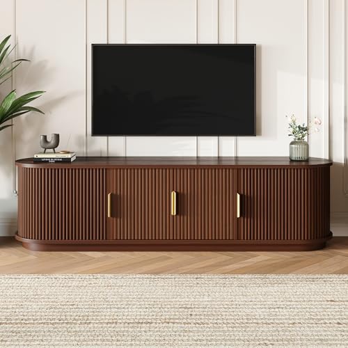 Merax Fluted Wooden TV Stand for TVs up to 75", Farmhouse Entertainment Center with Sliding Door, Curved Media Console with Adjustable Shelves, Modern Television Cabinet for Living Room, Walnut - Image 4