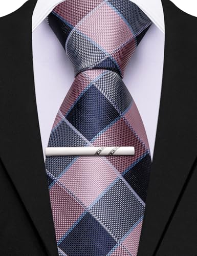 Image of Barry.Wang Plaid Ties Mens Silk Necktie and Tie Clip Checkered Tie for Wedding Party Business Formal