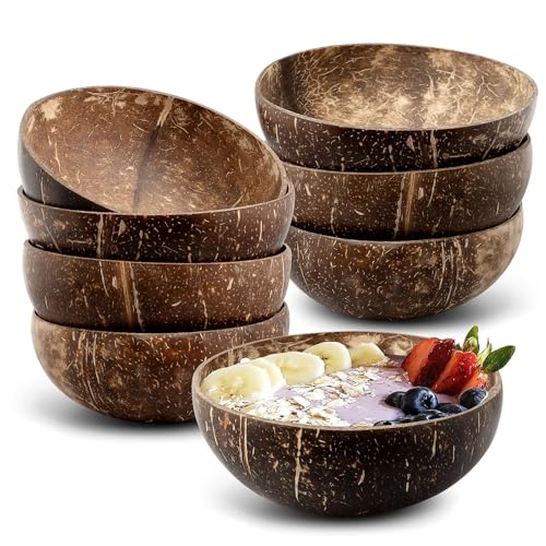 TESIN 8er Set Kokosnus Sschalen, 15oz polierte Kokosschalen im Bulk, Natürliche Smoothie-Holzschalen & Salatschalen für vegane Geschenke und Küchendekoration