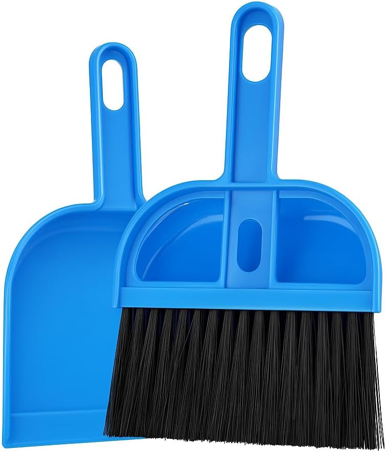 Mini Dustpan and Brush Set, Compact Desktop Cleaning Kit with Black Bristles, Red and Blue Colors