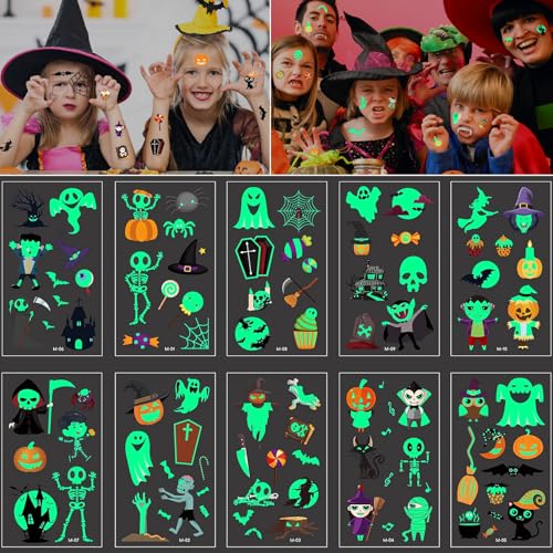 Halloween Leuchtendes Tattoo Kinder, 100+ Halloween Tattoo Kinder, Temporäre Tattoos Aufkleber für Jungen und Mädchen, Leuchten im Dunkeln Temporäre Tattoos für Party Dekoration