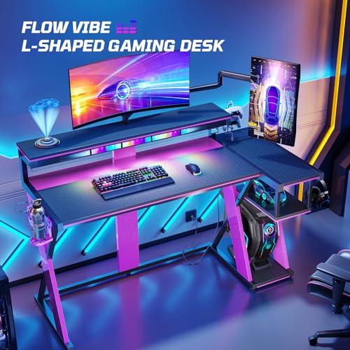 Image of Bestier Computer Desk with Music Sync Light, Flow Vibe Corner Desk with Monitor Stand and PS5 Storage Shelves, Cup Holders, and Headset Hooks for Bedroom Small Space (Black Purple, 57 Inch)