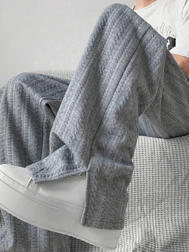 ZAFUL Mens Textured Straight Casual Pants Baggy Drawstring Elastic Waist Bottom Lounge Split Cuff Trousers with Pockets4