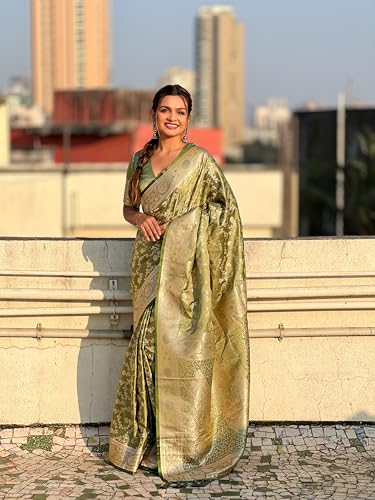 Image of Banarasi Satin Silk Zari Woven Dusty Color Saree with Unstitched Blouse Piece