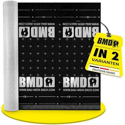 BMD 180g/m² Unterspannbahn | mit 2 Klebekanten | 1,5m x 50m | hochdiffusionsoffene Schalungsbahn | sd-wert 0,02m | wasserdichte und reißfeste Unterdeckbahn mit CE Siegel | W1 wasserdicht