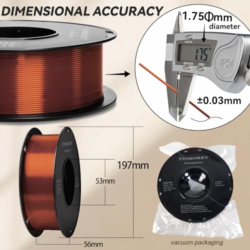 Image of PLA Filament 1.75mm, TINMORRY 3D Printer Filament, 1kg (2.2lbs), Compatible with Bambu FDM 3D Printer, Silk Copper