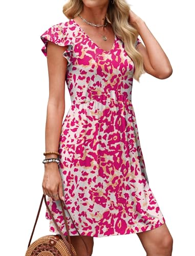 Image of OFEEFAN Summer Dresses for Women Beach Vacation Clothes V Neck Ruffle Sleeve Babydoll Dress Elegant Classy Sundress