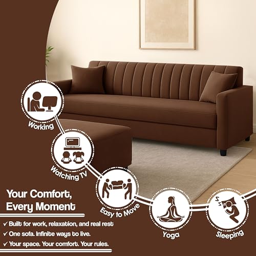 Image of 3+2 Fabric Sofa Set with Ottoman for Living Room | Modern Upholstered 5-Seater Couch | Soft Cushion, Premium Velvet Fabric-Brown