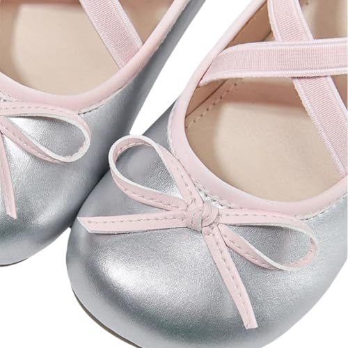 Girls' Silver Ballet Flats with Elastic Straps, Metallic Bow Detail, Cross-Strap Design2
