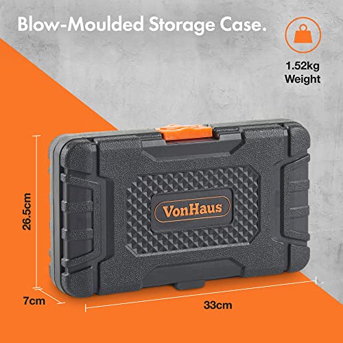 VonHaus Socket Set – 130-Piece Ratchet Set, 1/4 Drive Socket Set with Extension Bar, Coupler, Ratchet and Socket Wrench - Wrench Set and Screwdriver Bit Sets with Carry Case - Car Tool Set