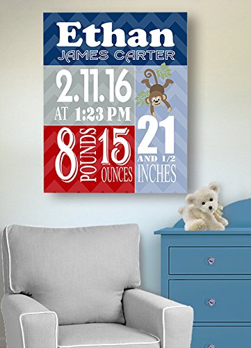 Personalized Stretched Canvas Birth Announcement Gift, Custom Baby Name, Date, Weight Stats, Newborn Nursery Monkey Wall Art Decor, Wooden Frame Construction, Ready to Hang 11X14