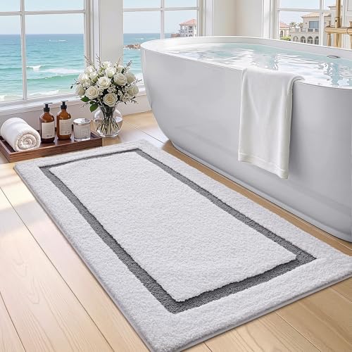 Image of Color&Geometry White Bathroom Rugs 43x24, Extra Soft Absorbent Microfiber Bath Rugs, Non-Slip Bathroom mat, Washable Plush Bath Mats for Bathroom, Shower, Bathtub, Laundry, White Gray