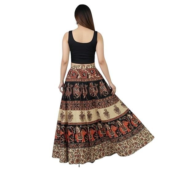 Image of HARSHITA-Enterprises Jaipuri Women's Cotton Printed Elastic Long Skirts