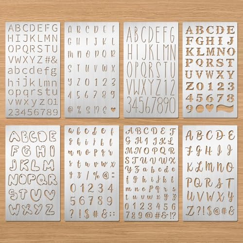 Eageus 8 Pcs Metal Letter Stencils Wood Burning Stencil Lettering Stencils Small Reusable Alphabet Painting Template for Carving Drawing Engraving Journal Pyrography Craft(Letter Style)