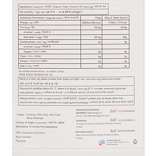 Image of nutndiet Organic Virgin Coconut Oil Cold Pressed | Pure | Natural | Vegan | Jerry Can (1L)
