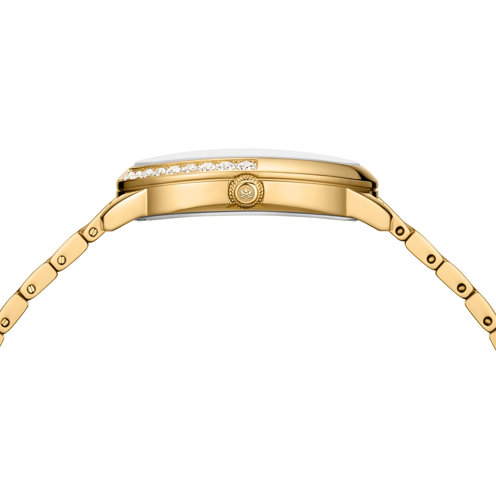 GOLDEN MAPLE Ovale Damenuhr, goldfarben mit Kristallakzenten, strukturiertes Armband, Perlmutt-Zifferblatt, Damenuhren, luxuriöses Geschenk für Sie