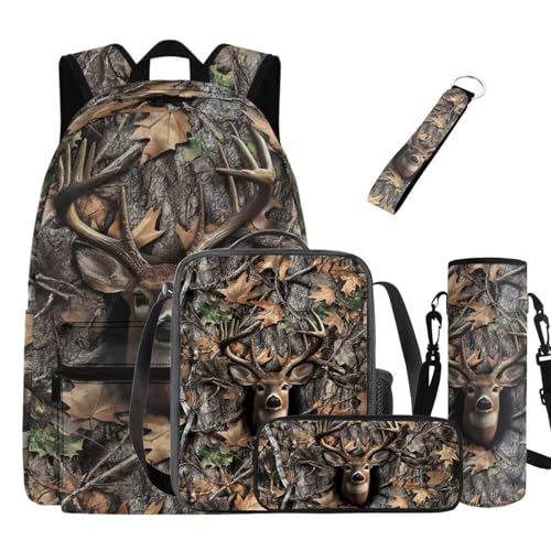 Suobstales Deer Hunting Camo Print Kids Backpack Set of 5, 17 in School Bookbag with Insulated Lunch Box Pencil Case Water Bottle Sleeve Keychain Lightweight Student Bookbag for and Boys