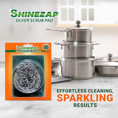Image of Shinezap Jumbo Stainless-Steel Scrub & Silver Scrub PAD Combo in Each Pack | 30g | Ideal for Fast Clean, Long Life and Non-Rust 100% Stainless Steel | Deep Stain Removal
