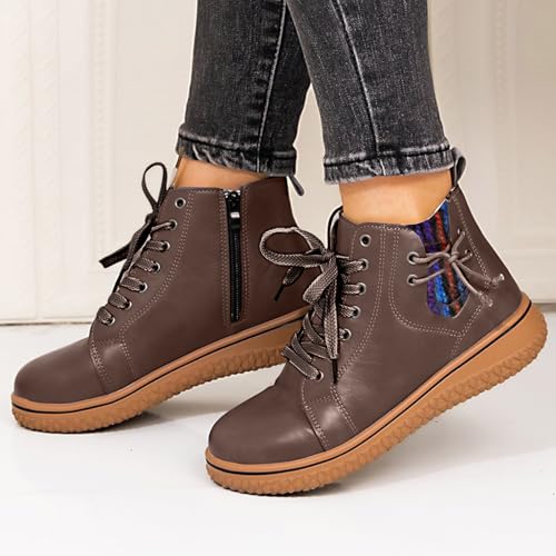 Womens Leather Lace Up Side Zipper High-Top Ankle Boots Retro Round Toe Platform Fashion Combat Booties Women's Casual Comfortable Flat Sneakers Outdoor Non-Slip Hiking Walking Shoes2