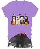 Bernese Mountain Dog T-Shirt, Halloween Bernese Mountain Dog Shirt, Classic Graphic Print Women Men V-Neck Tshirt Purple