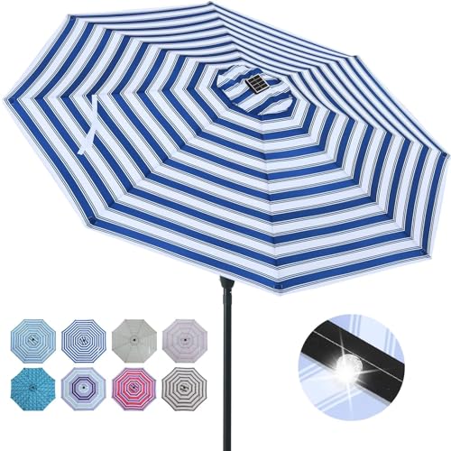 Image of ABCCANOPY Durable Solar Led Patio Umbrellas with 32LED Lights 9FT (Blue White Stripes)