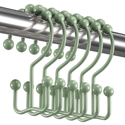 Image of Titanker Shower Curtain Hooks Rings, Rust-Resistant Metal Double Glide Shower Hooks for Bathroom Shower Rods Curtains, Set of 12 Hooks - Sage Green